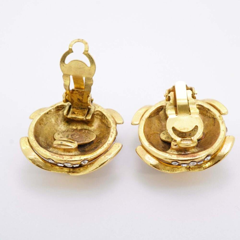 Chanel Earrings, Coco Mark Circle, GP Plated, Rhinestone, Gold, Women's - Picture 3 of 10